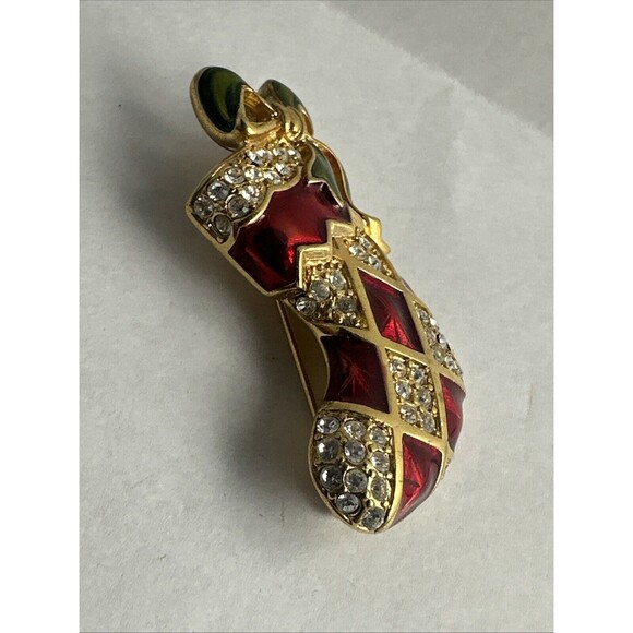 MONET Christmas Red Enamel Stocking Green Bow Clear Rhinestone Pin Brooch - Picture 4 of 6